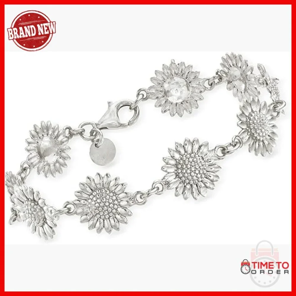 Sterling Silver Sunflower Charm Bracelet Italian Crafted Lobster Clasp